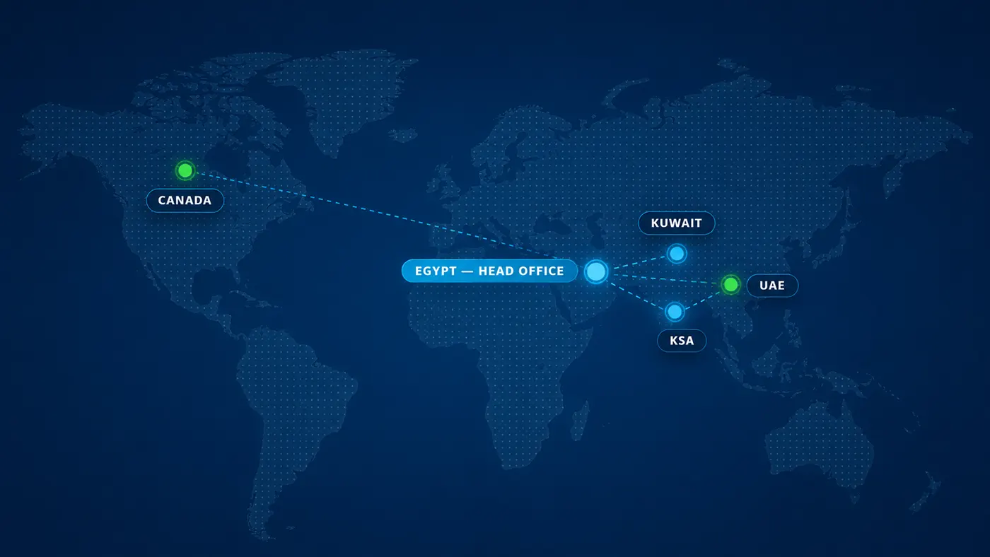 CMC regional network map — Egypt head office connected to branches in Kuwait, Saudi Arabia, UAE, and Canada.